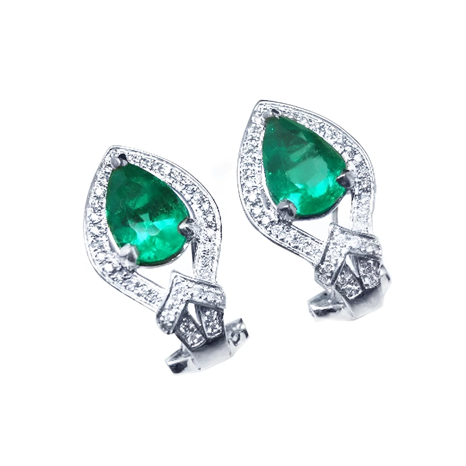 Pair of 14K gold clip/post earrings with pear-shaped Colombian emeralds and diamond accents.