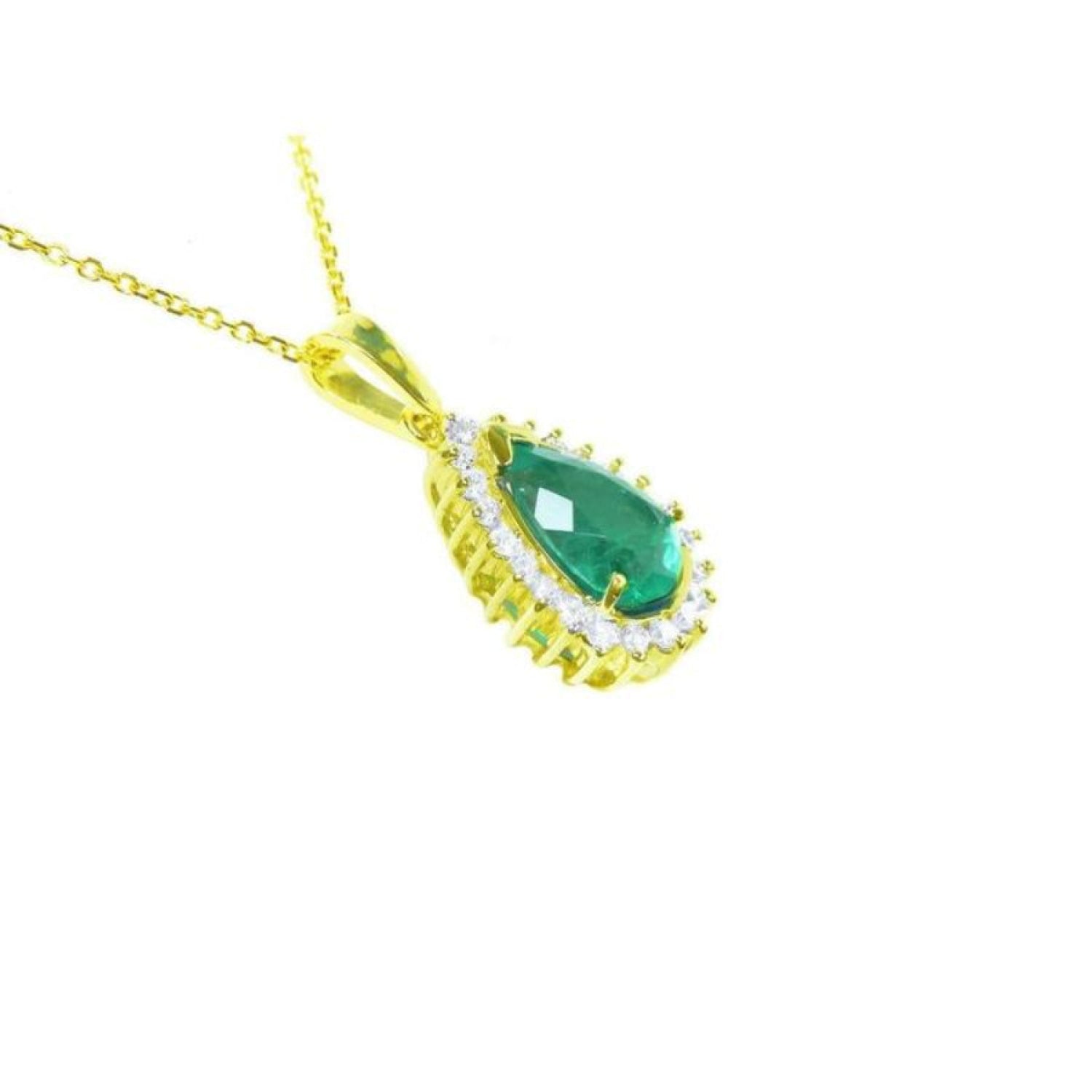 14K gold teardrop emerald pendant with a natural diamond halo on a delicate chain.