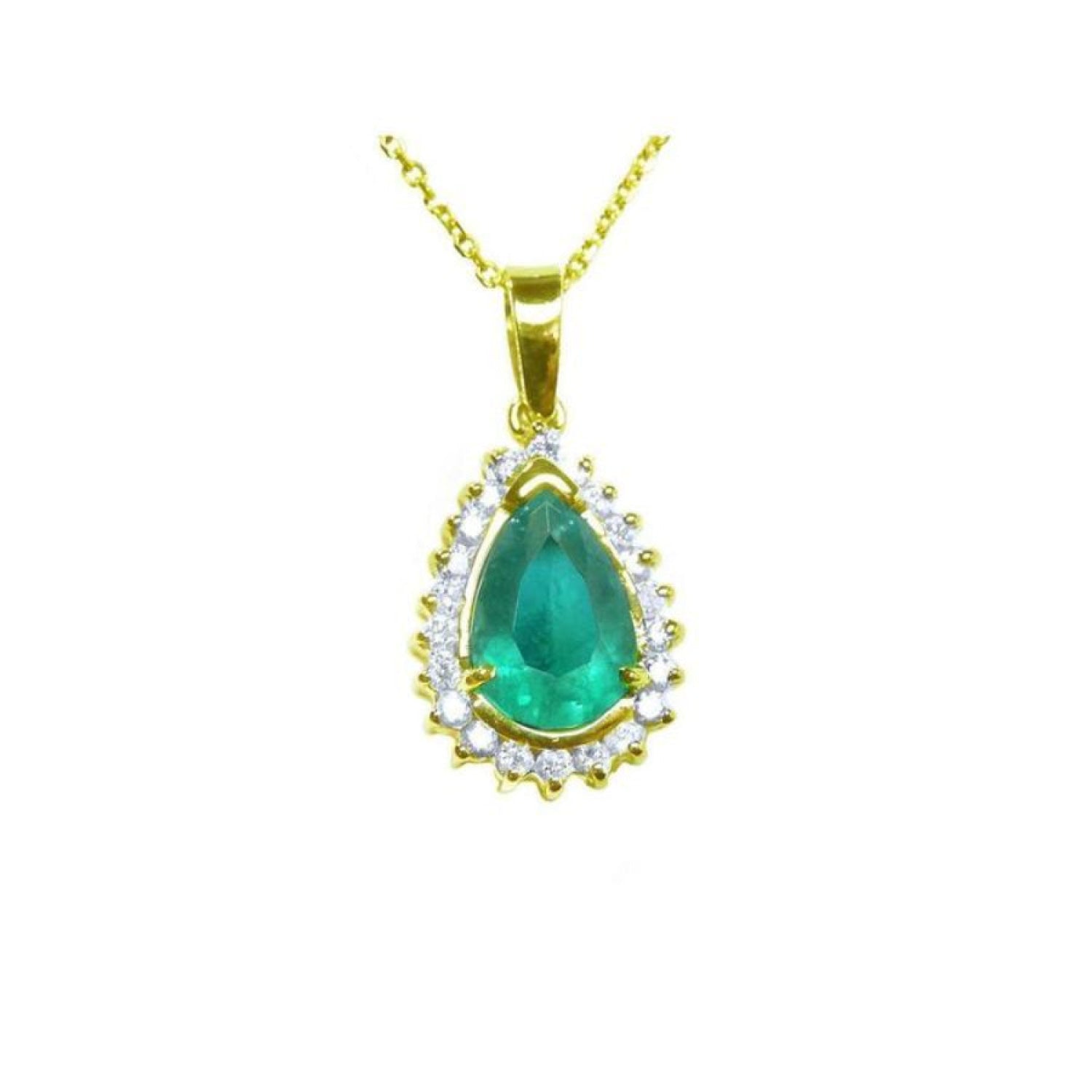 Teardrop emerald pendant with a natural diamond halo on a 14K gold chain.