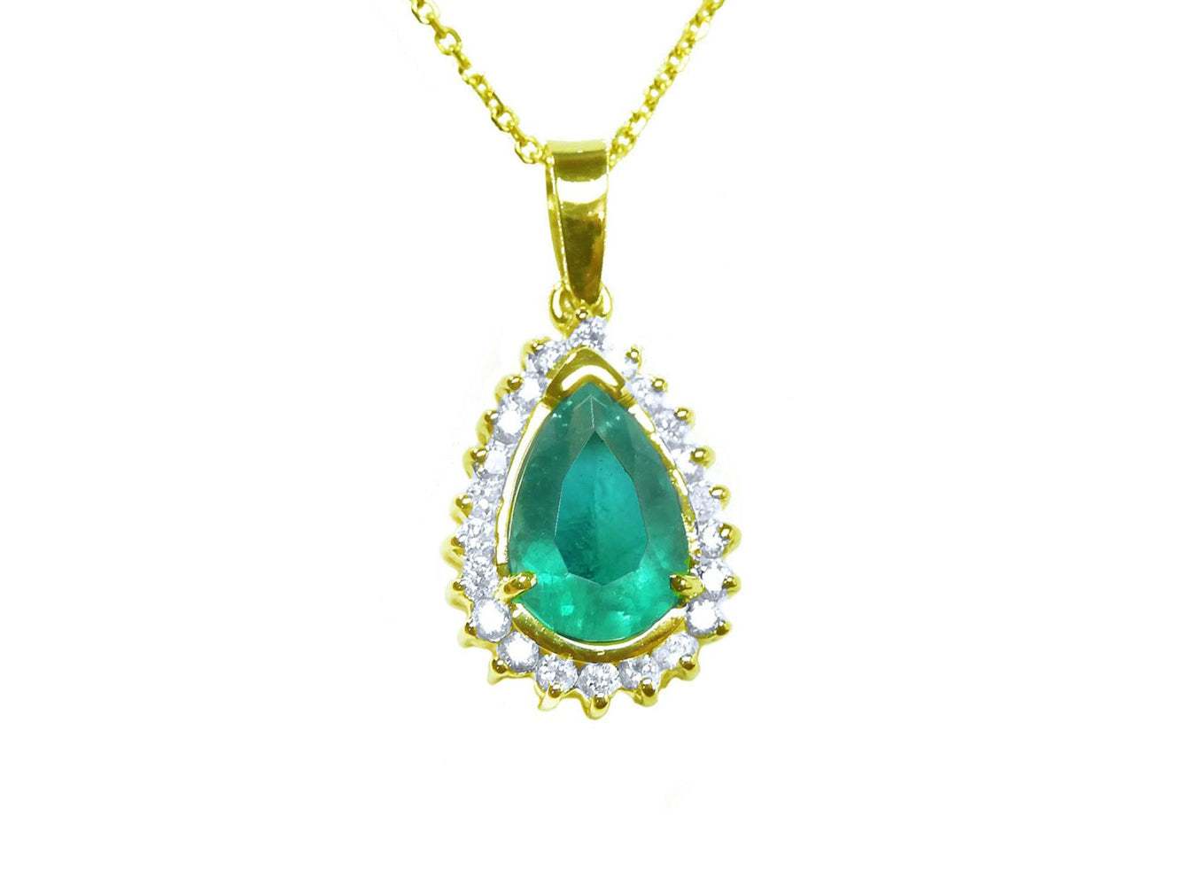 The topside view of a teardrop natural colombian emerald pendant encircled by a halo of natural diamonds in yellow gold.