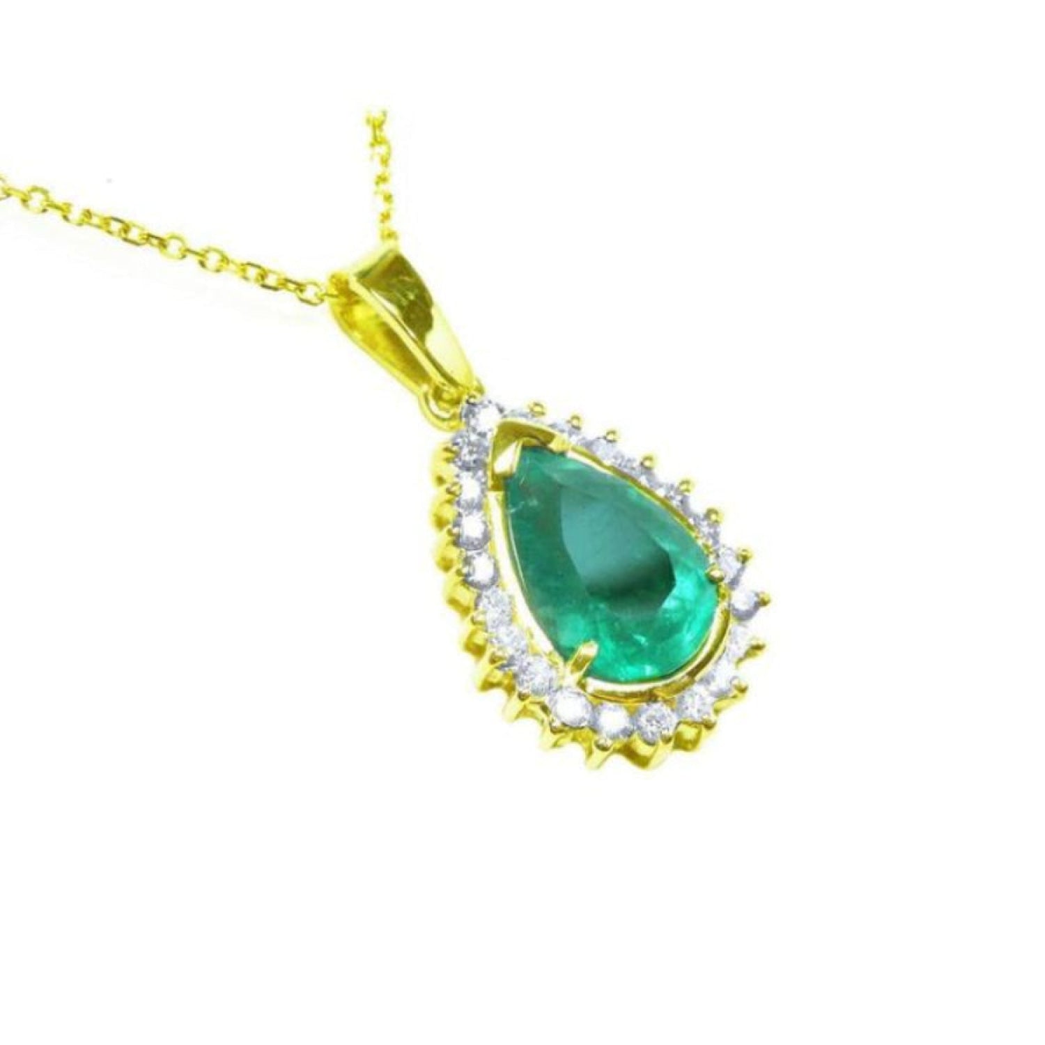 Gold pendant with a teardrop-shaped natural emerald surrounded by a halo of genuine diamonds.