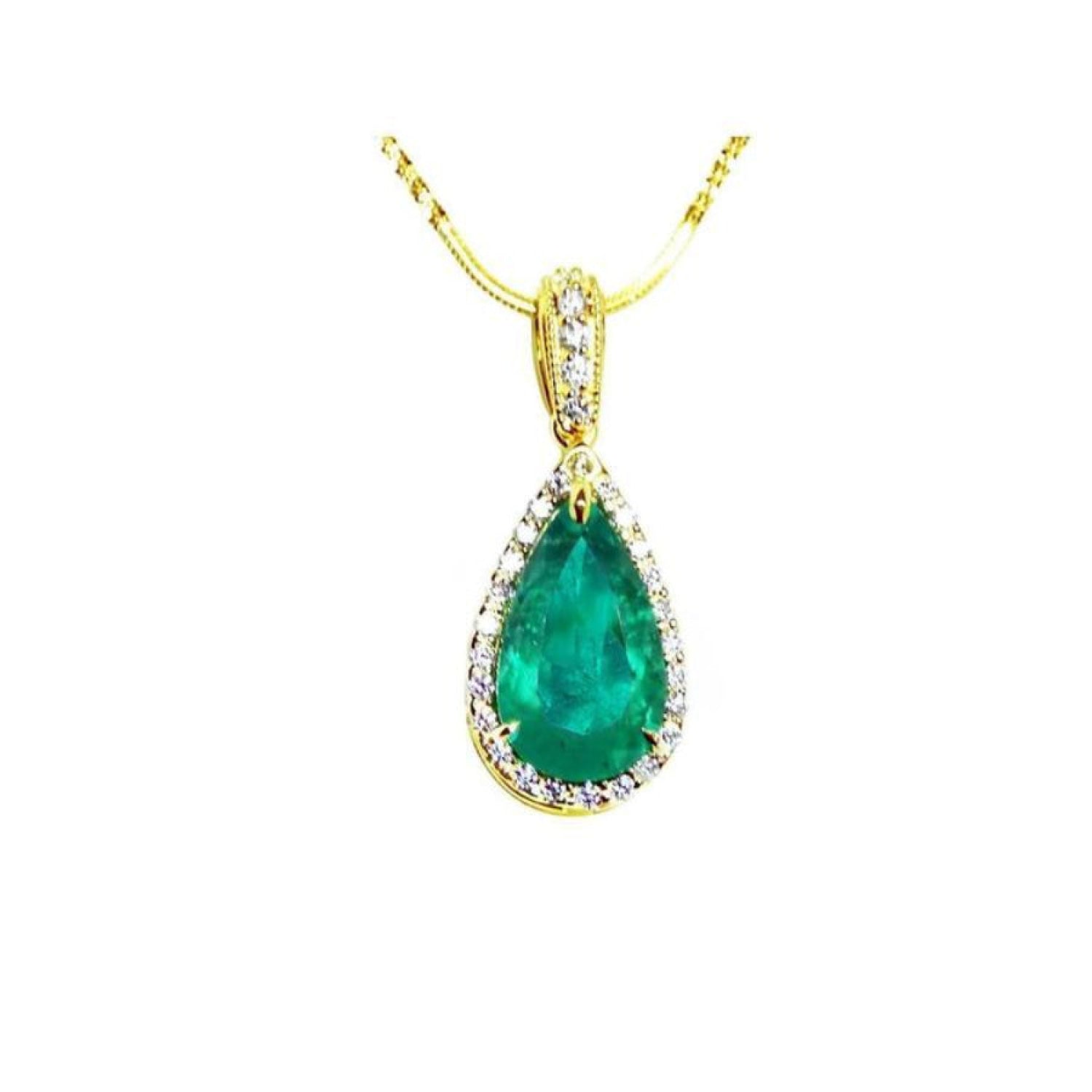 18K yellow gold teardrop emerald pendant with halo diamonds on a thin chain.