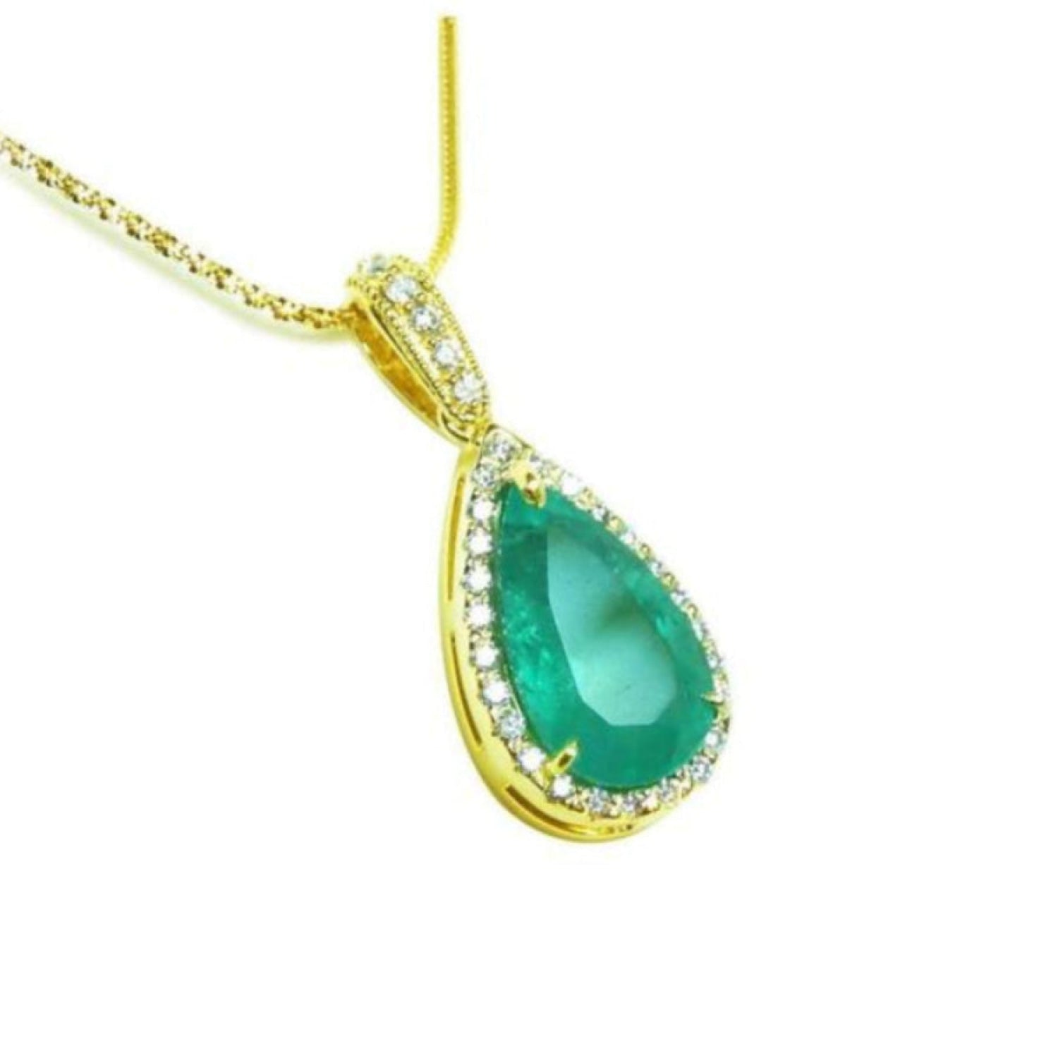 18k yellow gold necklace with a natural emerald teardrop halo diamond pendant. 