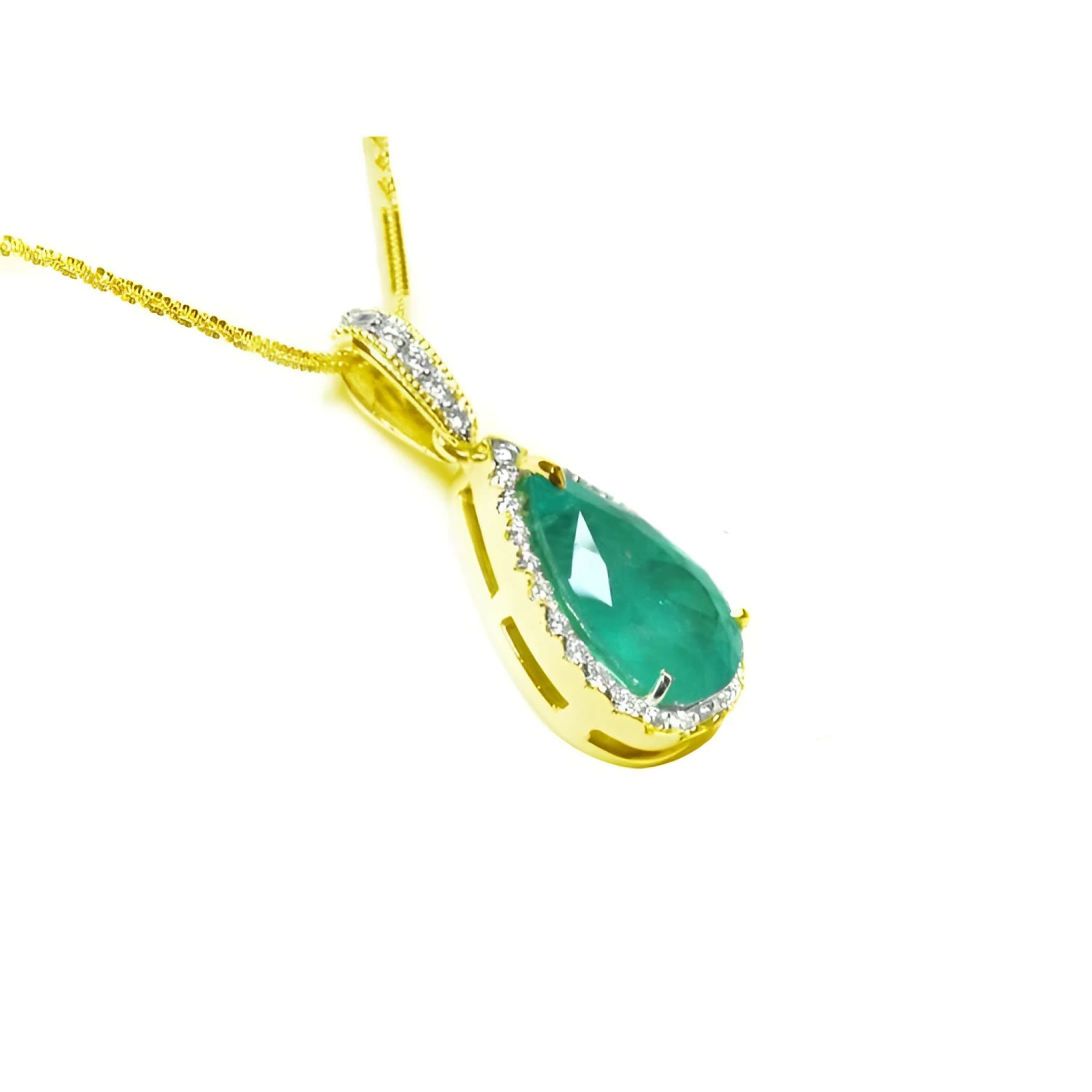 18K yellow gold teardrop emerald pendant with diamond halo on a delicate chain.