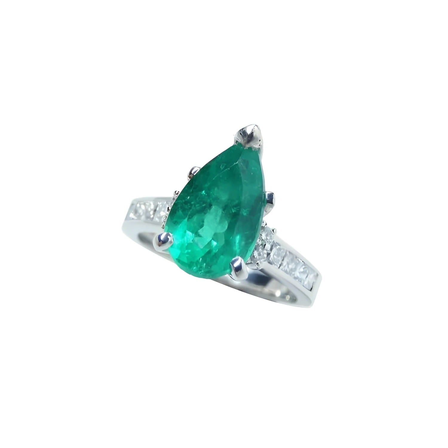 3.09 ct. pear-shaped deep bluish-green emerald ring with princess cut diamonds in 14K white gold.
