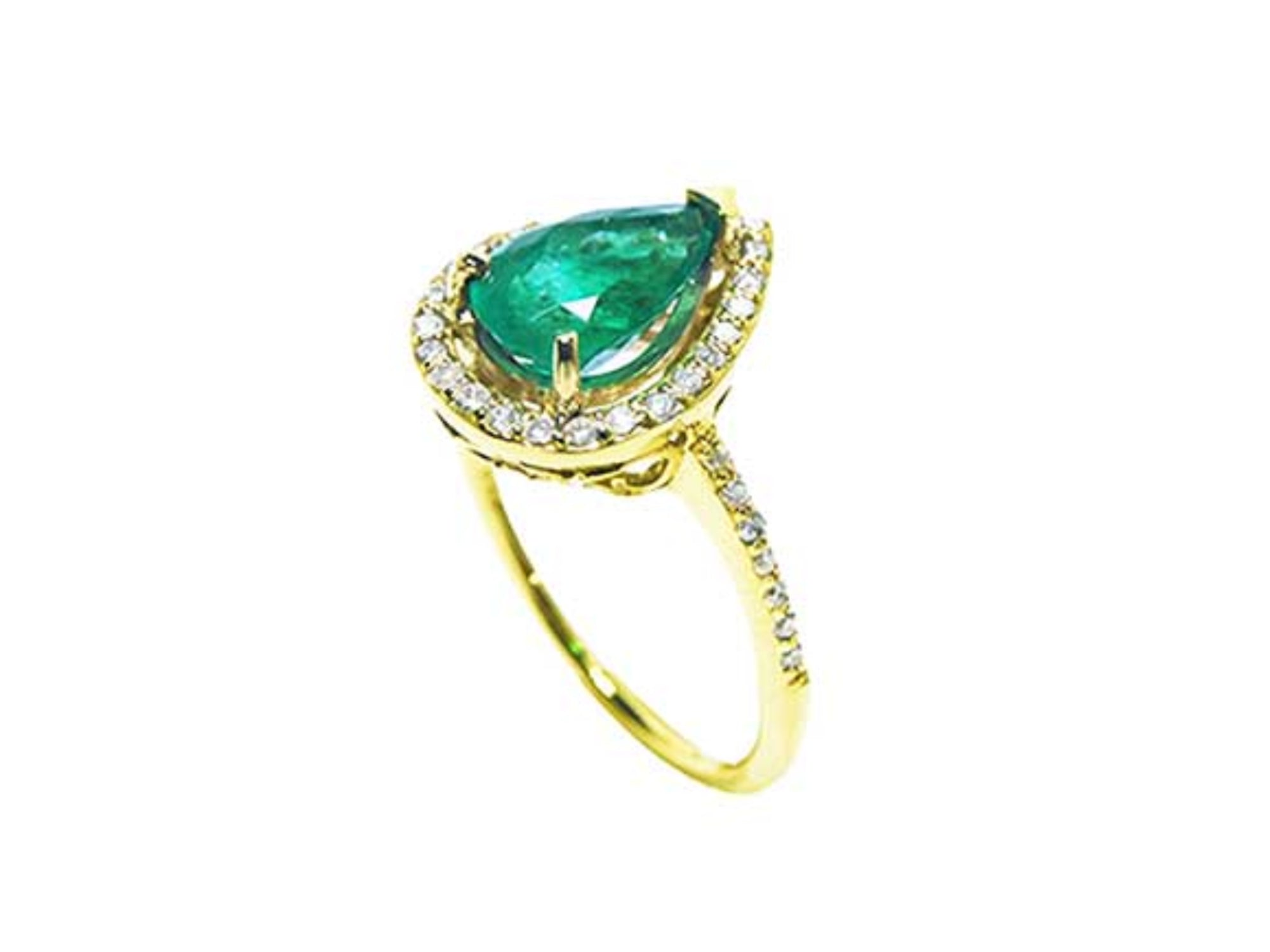 A yellow gold emerald ring with the top and band on side profile position.