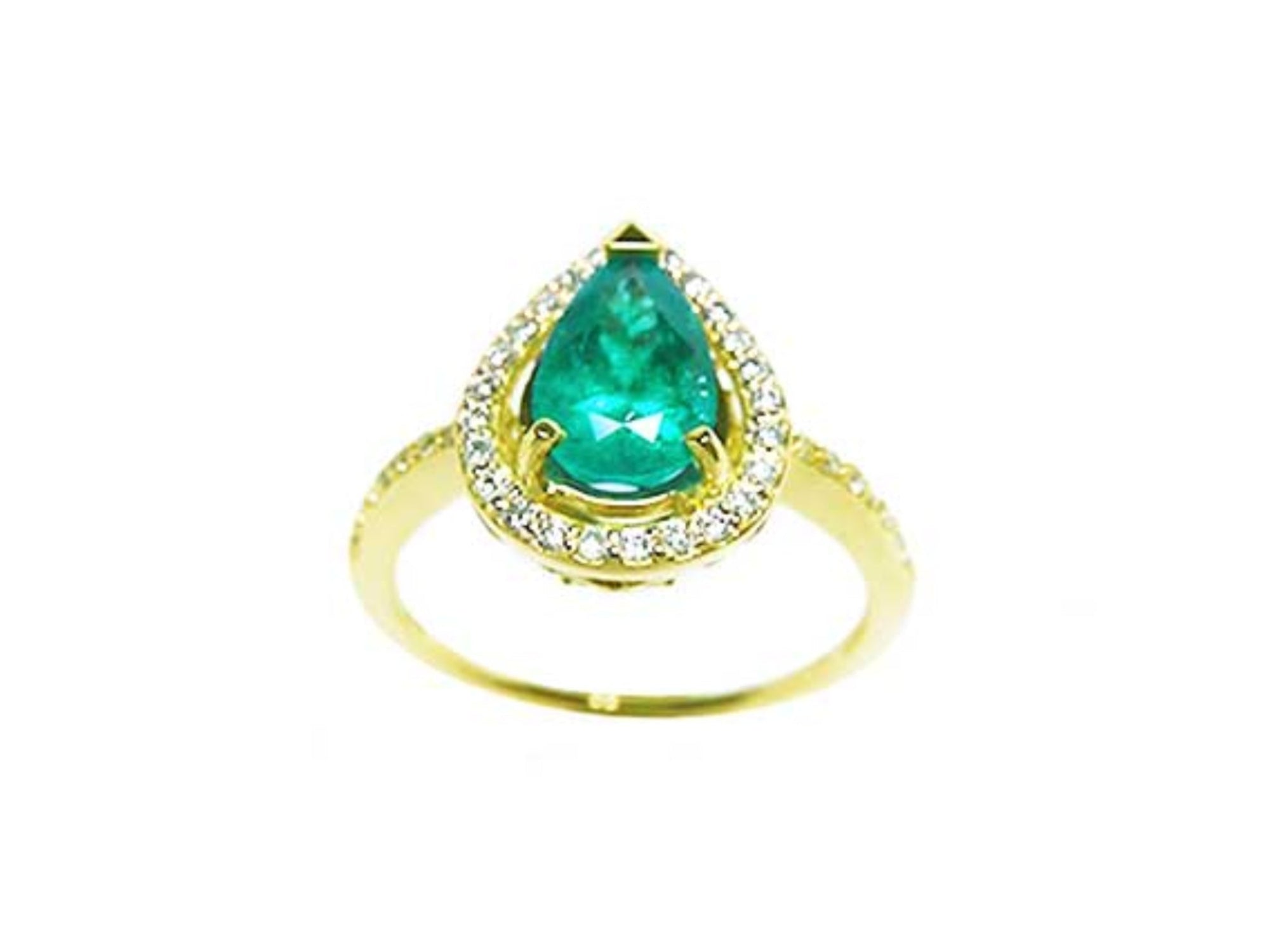The top view of a ring with a teardrop emerald encircled by a halo diamond in 14k yellow gold.