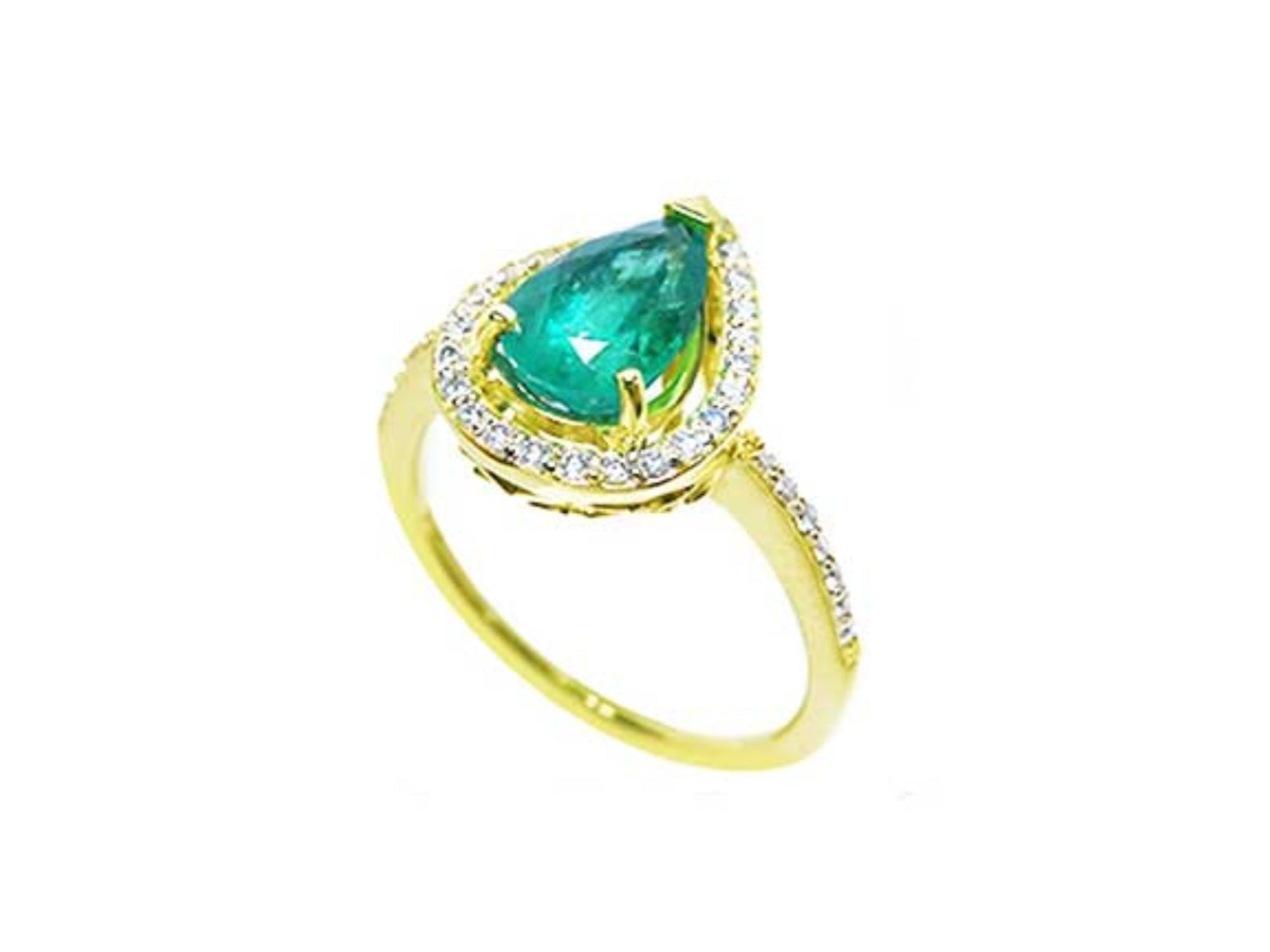 This 14k yellow gold teardrop emerald and halo diamond ring displays the top and band profile.
