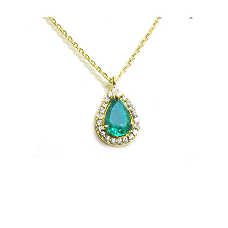 Gift for Mother's Day Natural teardrop emerald necklace, in a halo diamond for women, crafted in 14k yellow gold