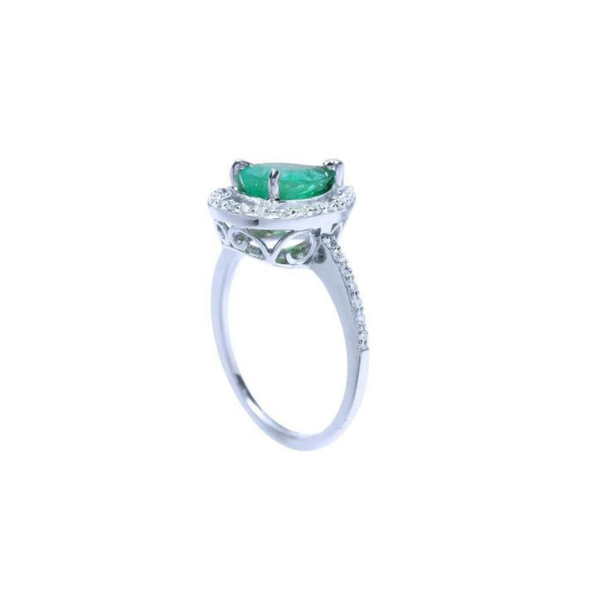 1.39 ct. teardrop emerald ring in 14K white gold with diamond halo and pavé band.