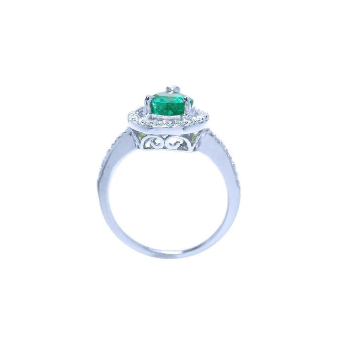 14K white gold teardrop halo ring with a vibrant green emerald and diamond accents.