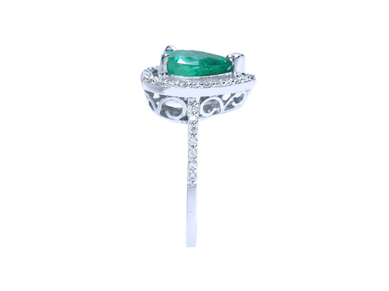 Side profile top emerald setting and galley perspective with band design ring.