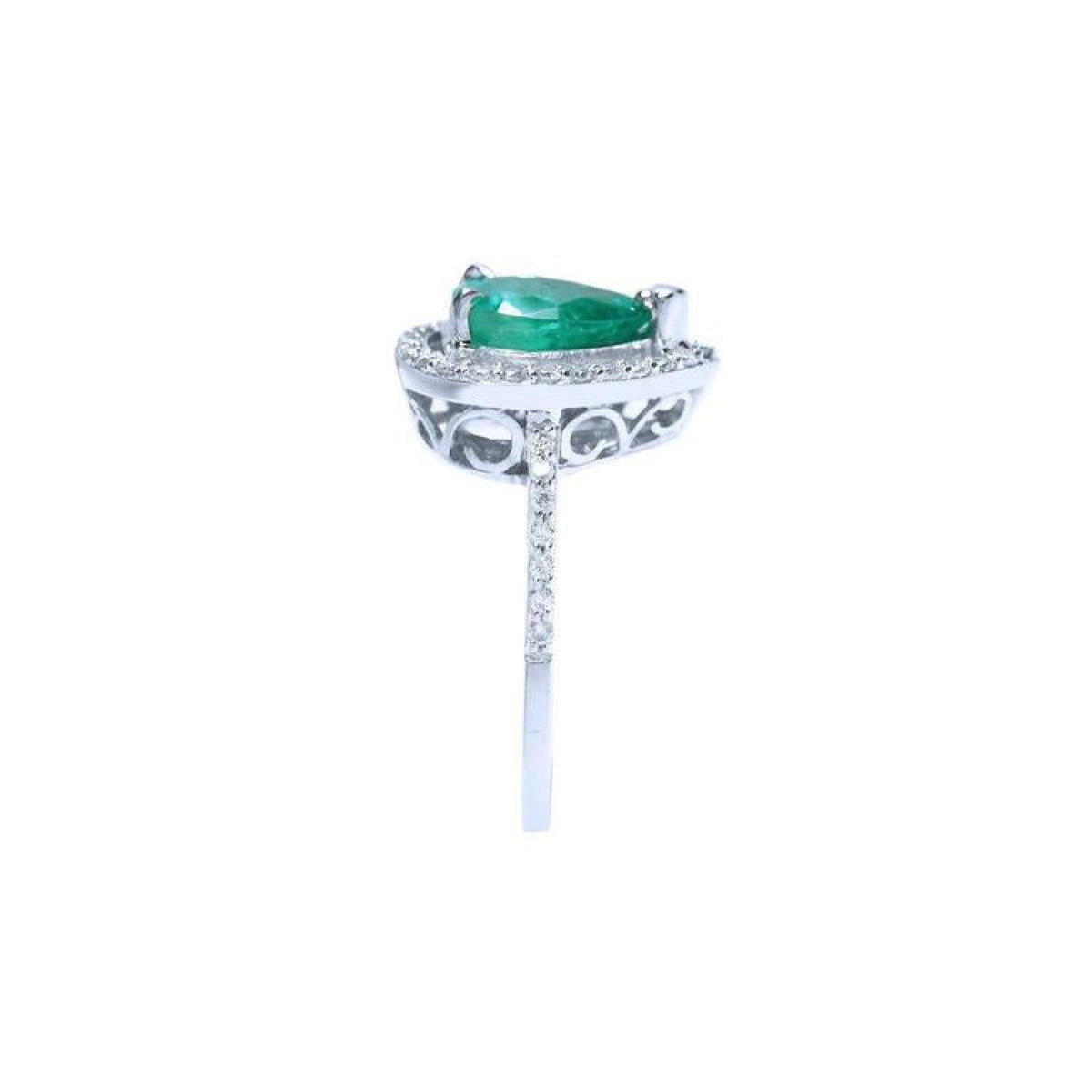1.39 ct. teardrop emerald ring with diamond halo on 14K white gold band.