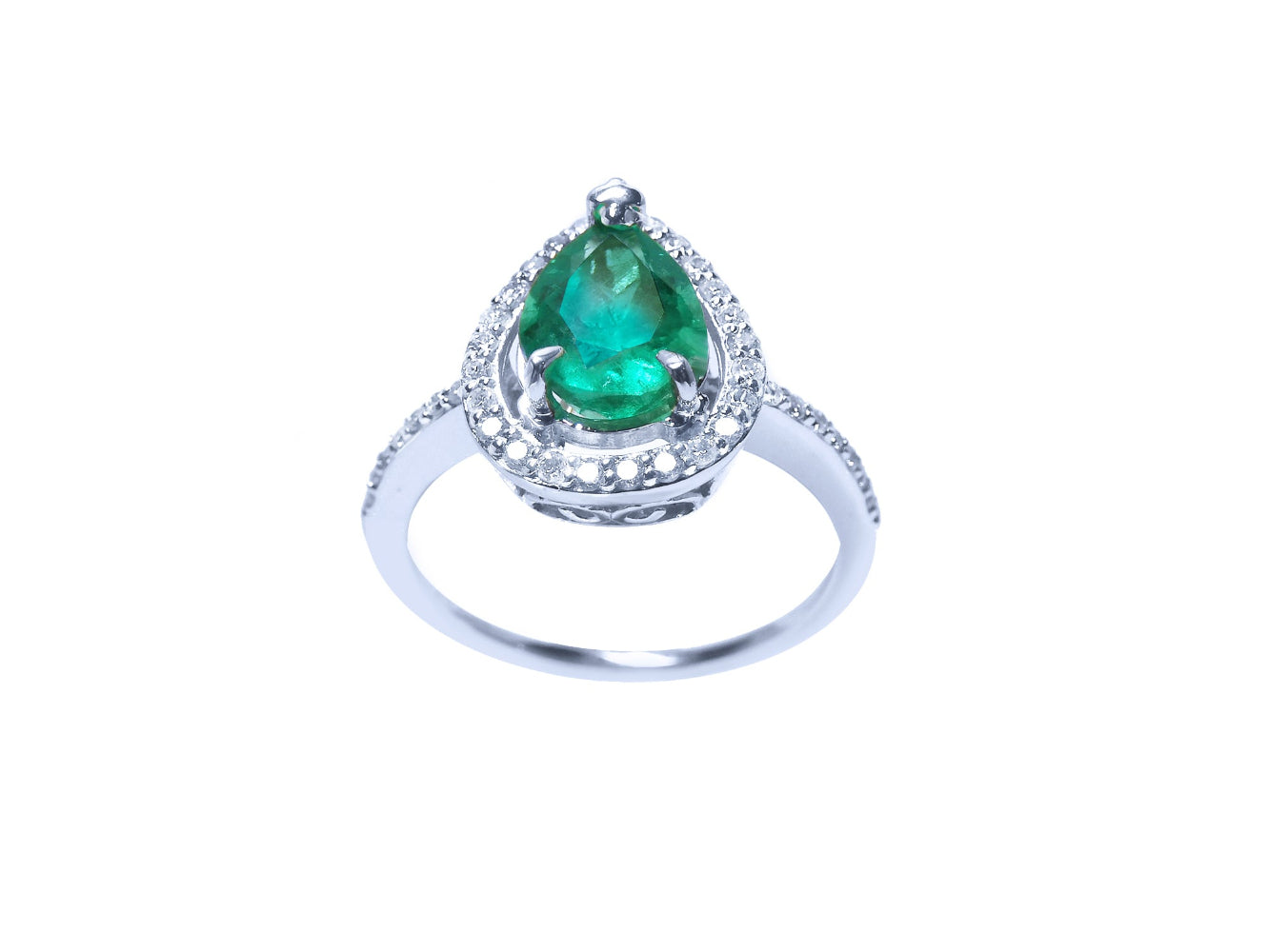 A teardrop natural emerald encircled in a halo diamond crafted in white gold topside view.