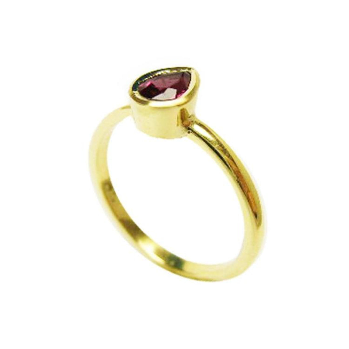 14K yellow gold ring with a bezel-set teardrop natural ruby solitaire.