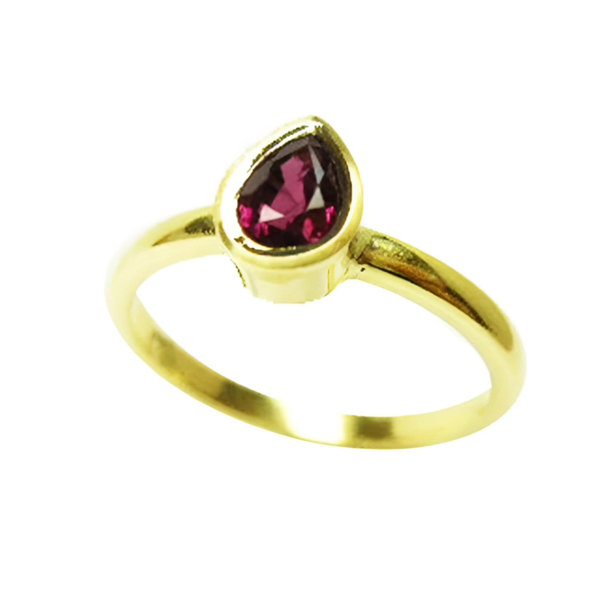 14K yellow gold solitaire ring with a vibrant teardrop natural ruby.