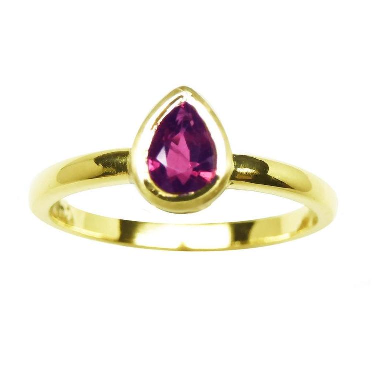 Ruby solitaire ring for women teardrop, 14k yellow gold bezel set, front position top view