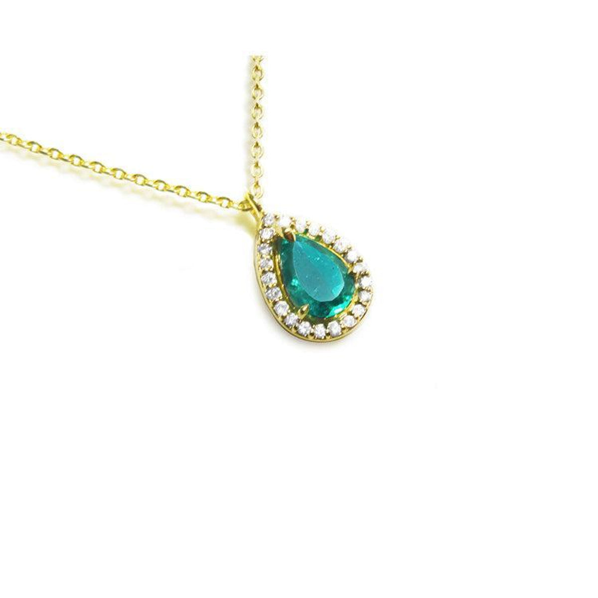 Natural teardrop Colombian emerald necklace, in a halo diamond for women, crafted in 14k yellow gold.