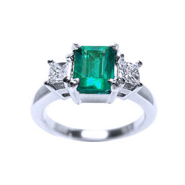 Women's emerald side princess cut diamond ring engagement ring natural Muzo mine Colombia emerald-cut 