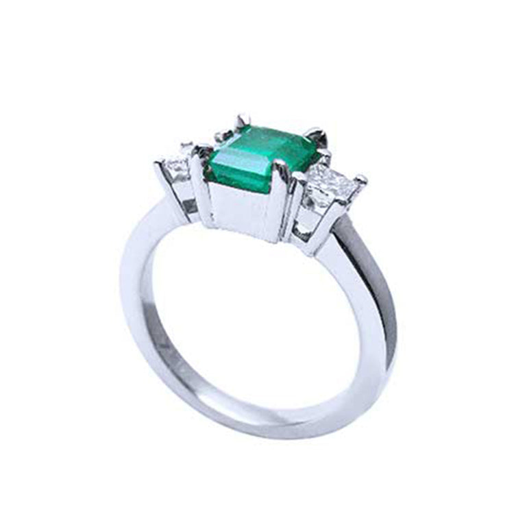 Natural emerald three stone ring for women engagement ring natural Muzo mine Colombia emerald-cut princess cut side diamonds