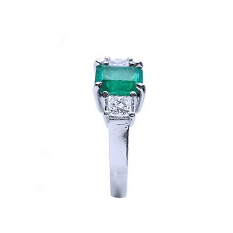 White gold emerald three stone ring engagement ring natural Muzo mine Colombia emerald-cut princess cut side natural diamonds