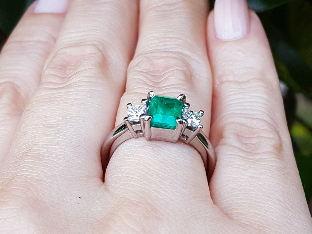 14k three stone emerald ring engagement ring natural Muzo mine Colombia emerald-cut princess cut side natural diamonds