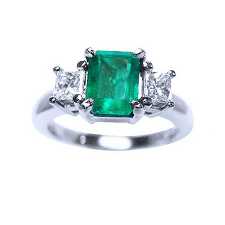 Three stone emerald women's ring engagement ring natural Muzo mine Colombia emerald-cut princess cut side natural diamonds
