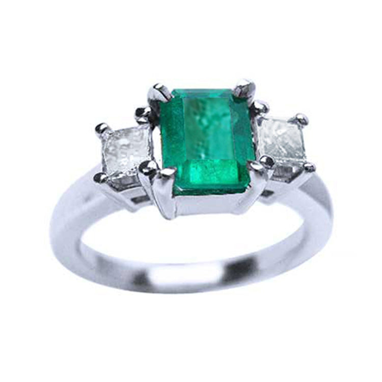 Natural emerald and diamond rings engagement ring Muzo mine Colombia emerald-cut princess cut side natural diamonds