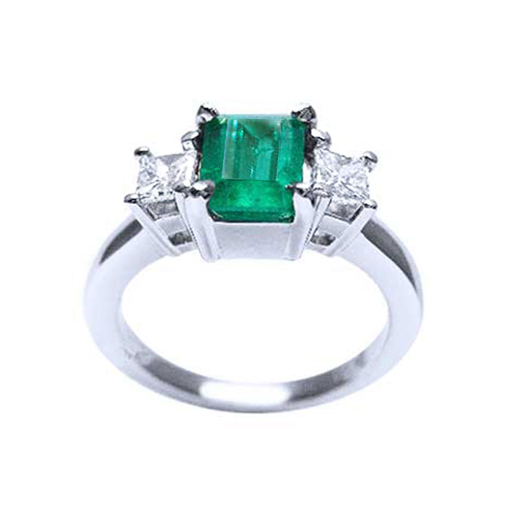 Ladies&#39; emerald and diamond ring engagement ring natural Muzo mine Colombia emerald-cut princess cut side natural diamonds