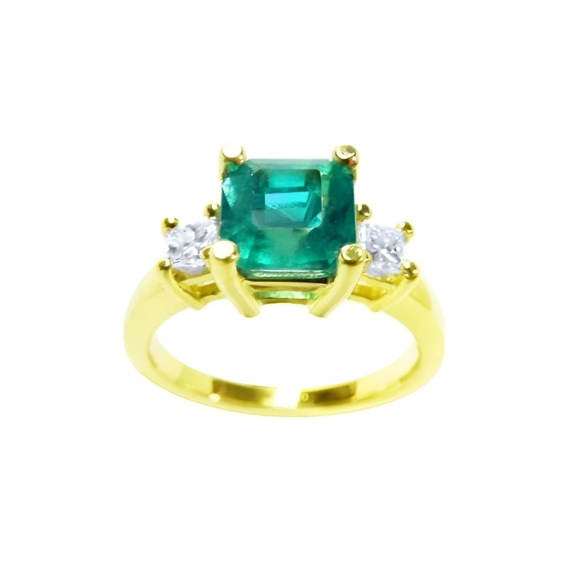 This Emerald-cut three stone emerald ring for women has side princess cut natural diamonds and made of 18k gold.