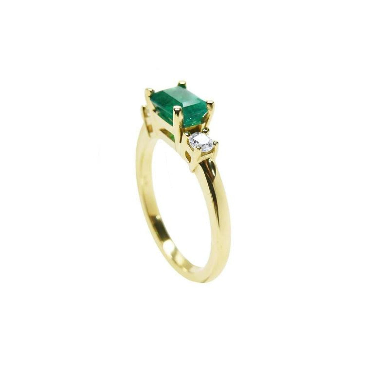 1.01 ct rectangular emerald ring with two diamond accents in 14K yellow gold.