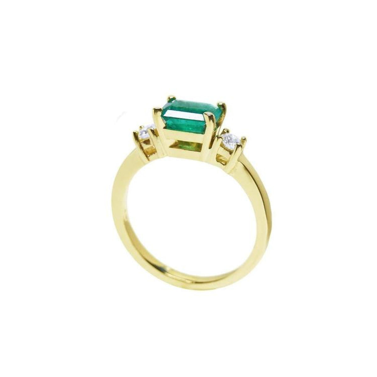 1.01 ct rectangular emerald ring with natural diamond side accents in 14K yellow gold.