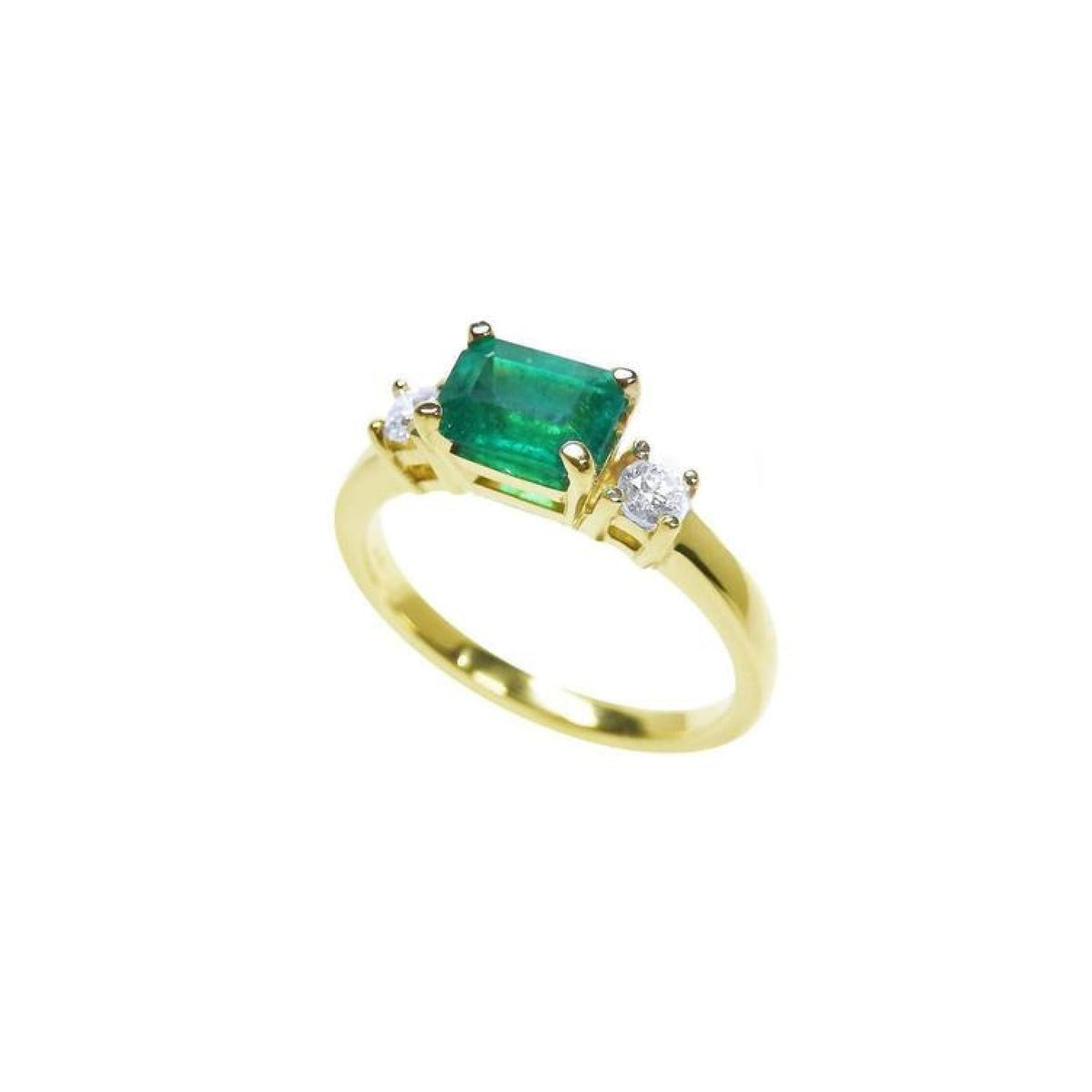1.01 ct rectangular emerald ring with natural diamond accents in 14K yellow gold.