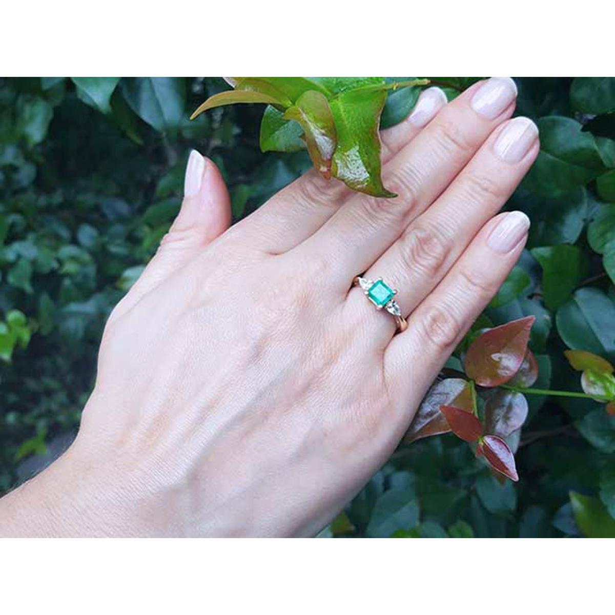 Hand wearing an emerald three stone ring against a green leafy background.
