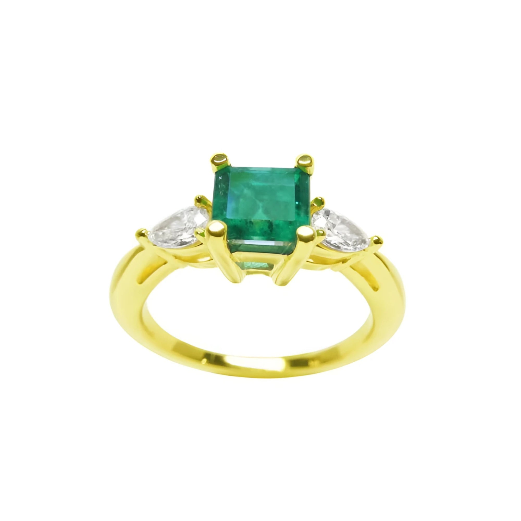 Natural colombian emerald with teardrop diamonds side ring for Mother's Day gift in yellow gold.