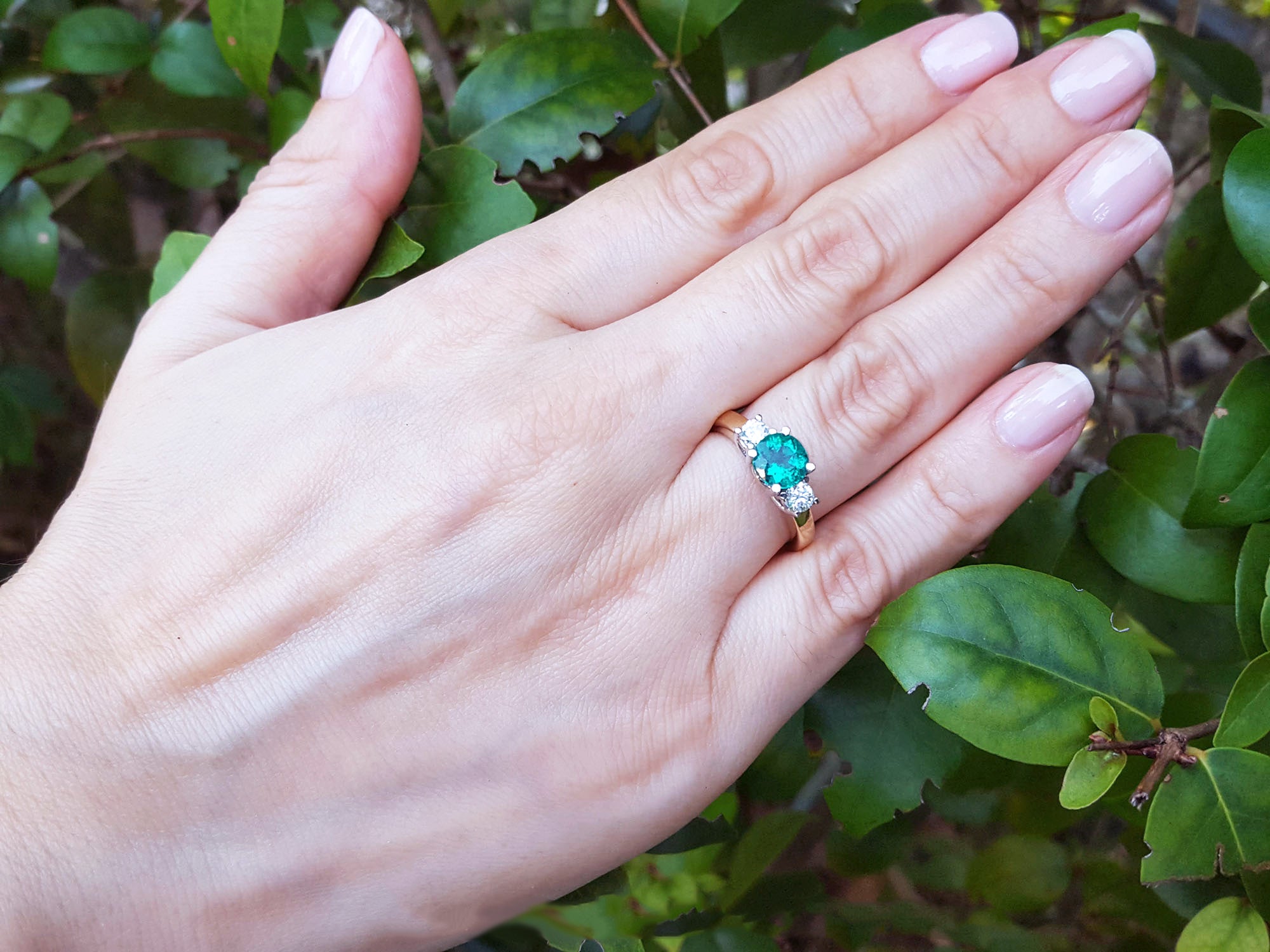 Hand wearing a lady&#39;s emerald three stone ring round cut on a green leafy background.