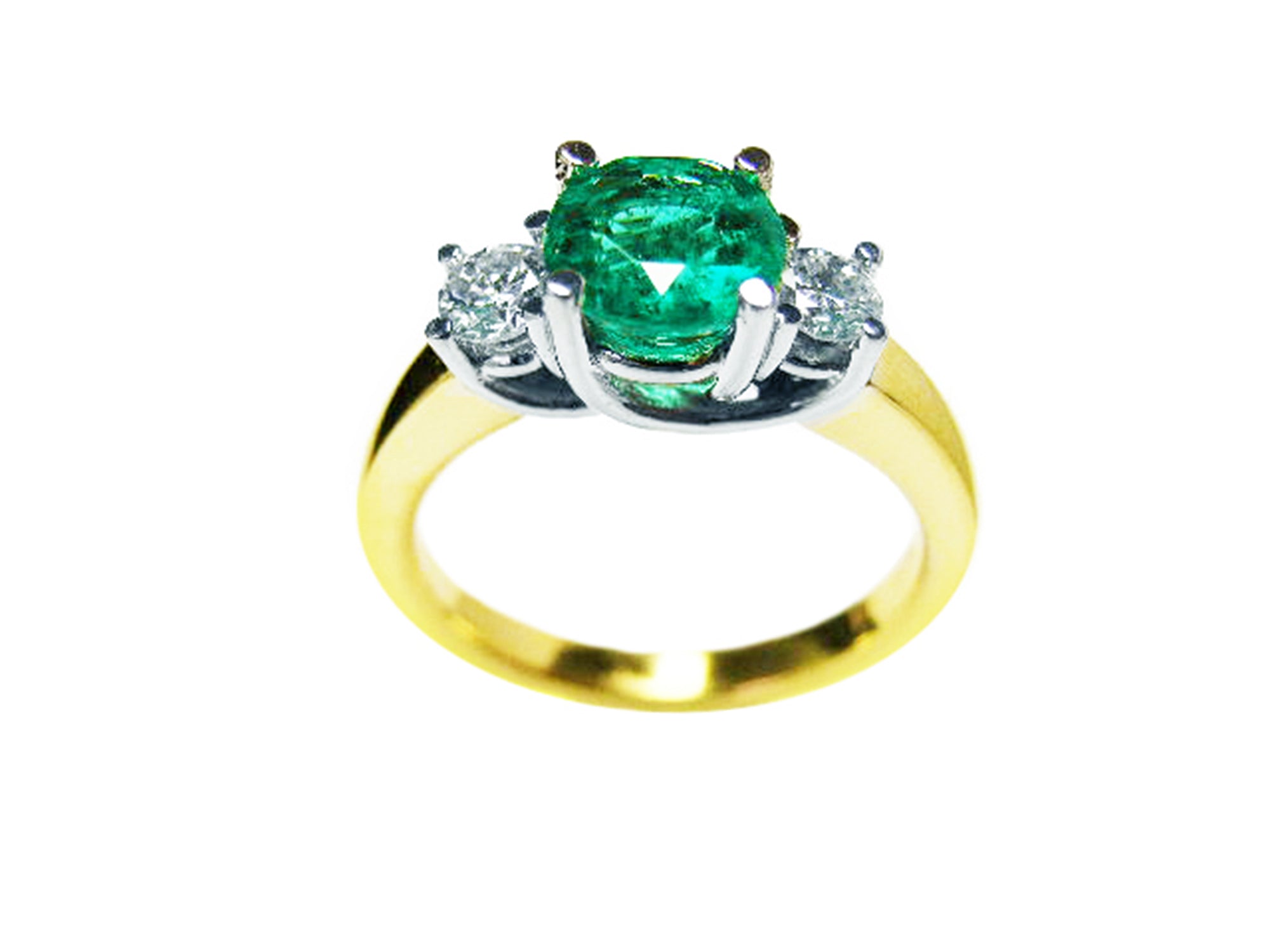 This 14k gold round emerald and side diamonds ring is on a top and lateral profile display.