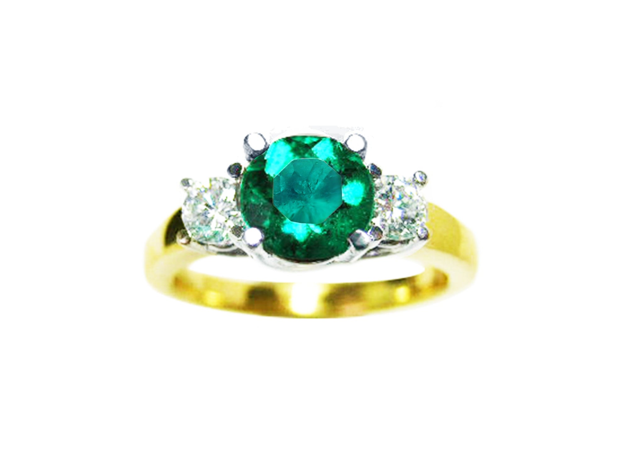 This round cut emerald ring side diamonds three stone displays the top side profile. 