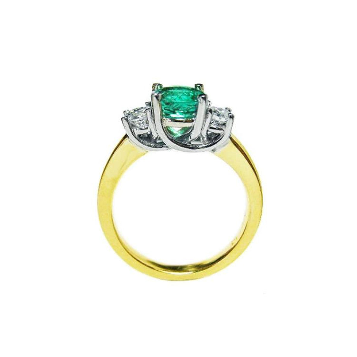 1.12 ct. round cut three stone emerald ring with side diamonds in 14k white and yellow gold.