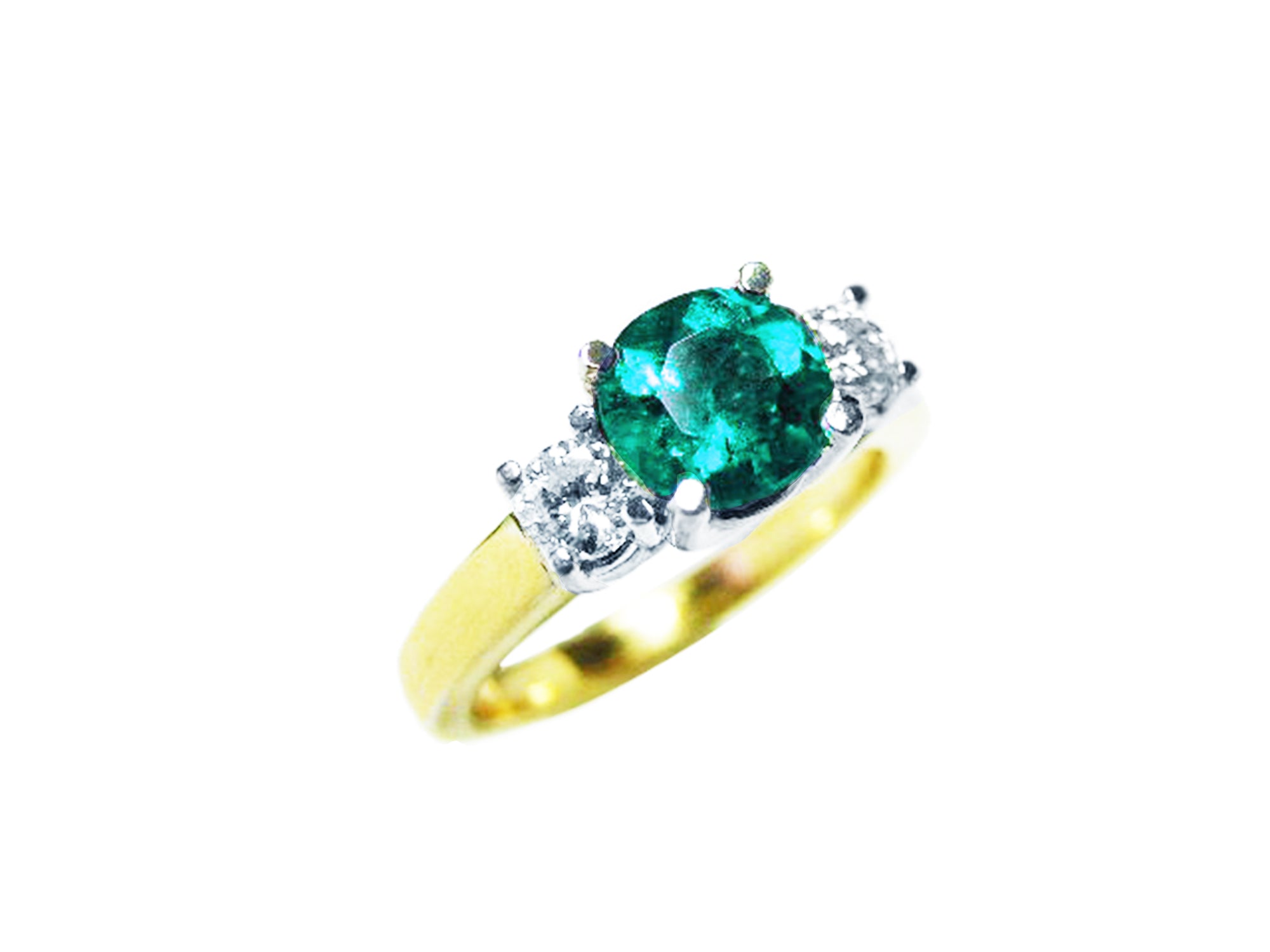 A three stone emerald and side diamond ring on a top and side view.