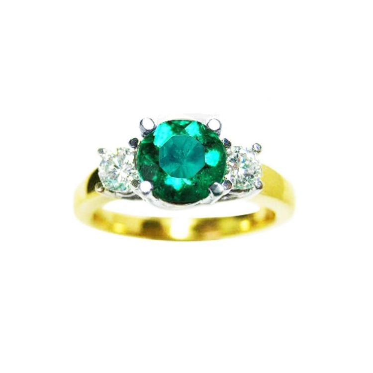 Round cut colombian emerald ring with side natural round cut diamonds three stone engagement ring. 