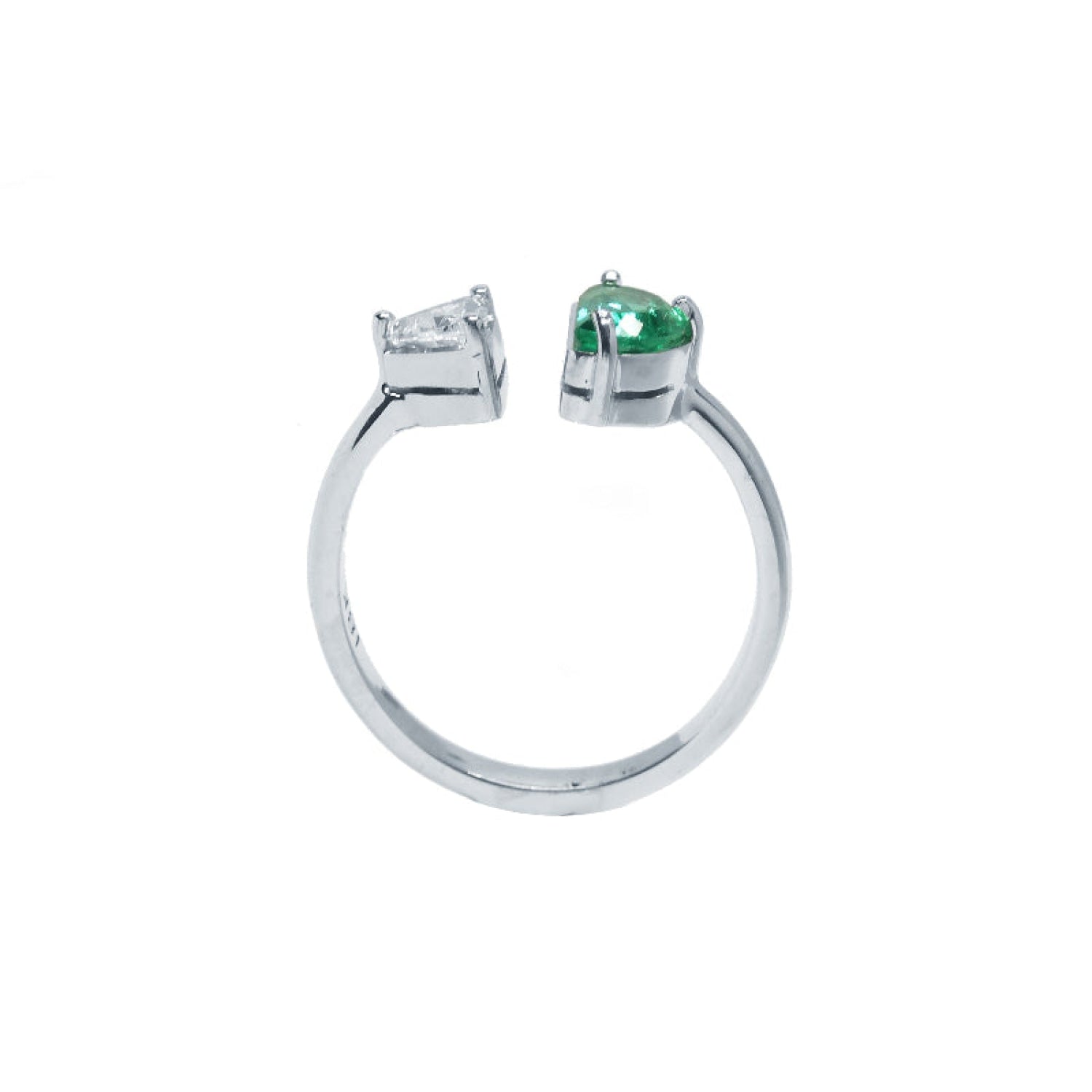 Toi et Moi ring features a half-moon-shaped natural Colombian emerald and a trillion-cut diamond, handcrafted in 18k solid white gold.