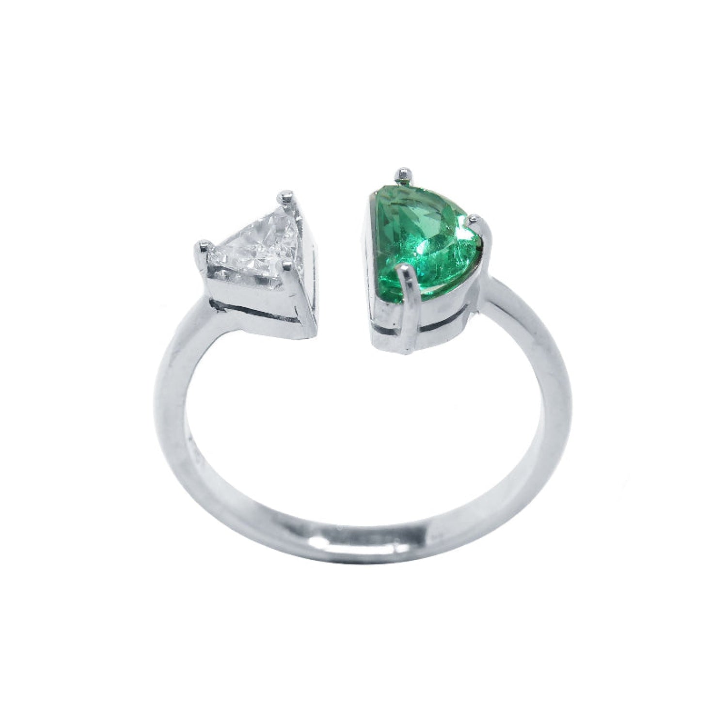 A negative space Toi et Moi ring with a half-moon-shaped natural Colombian emerald is handcrafted in 18k solid white gold.