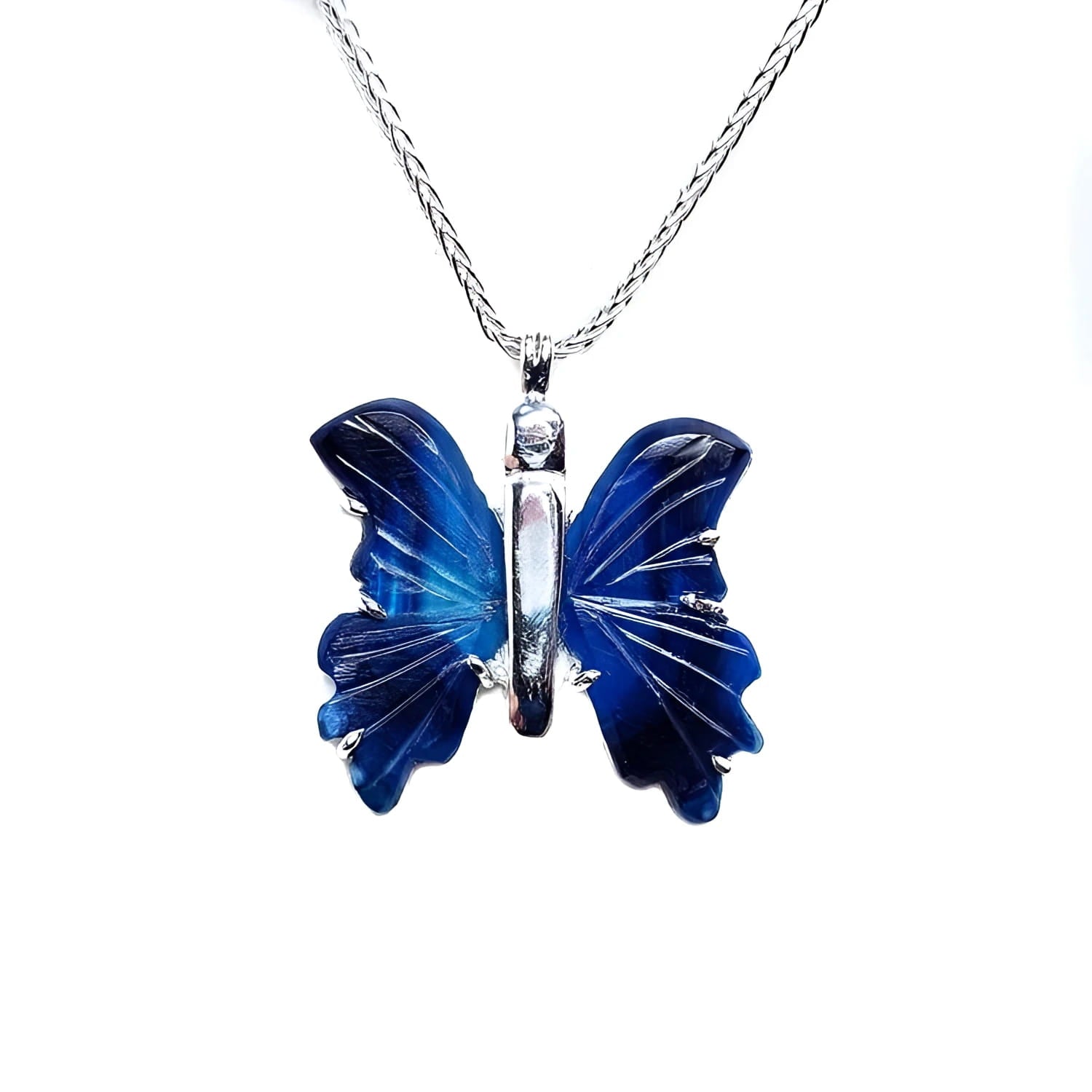 Dark blue natural agate butterfly pendant necklace with sterling silver chain.