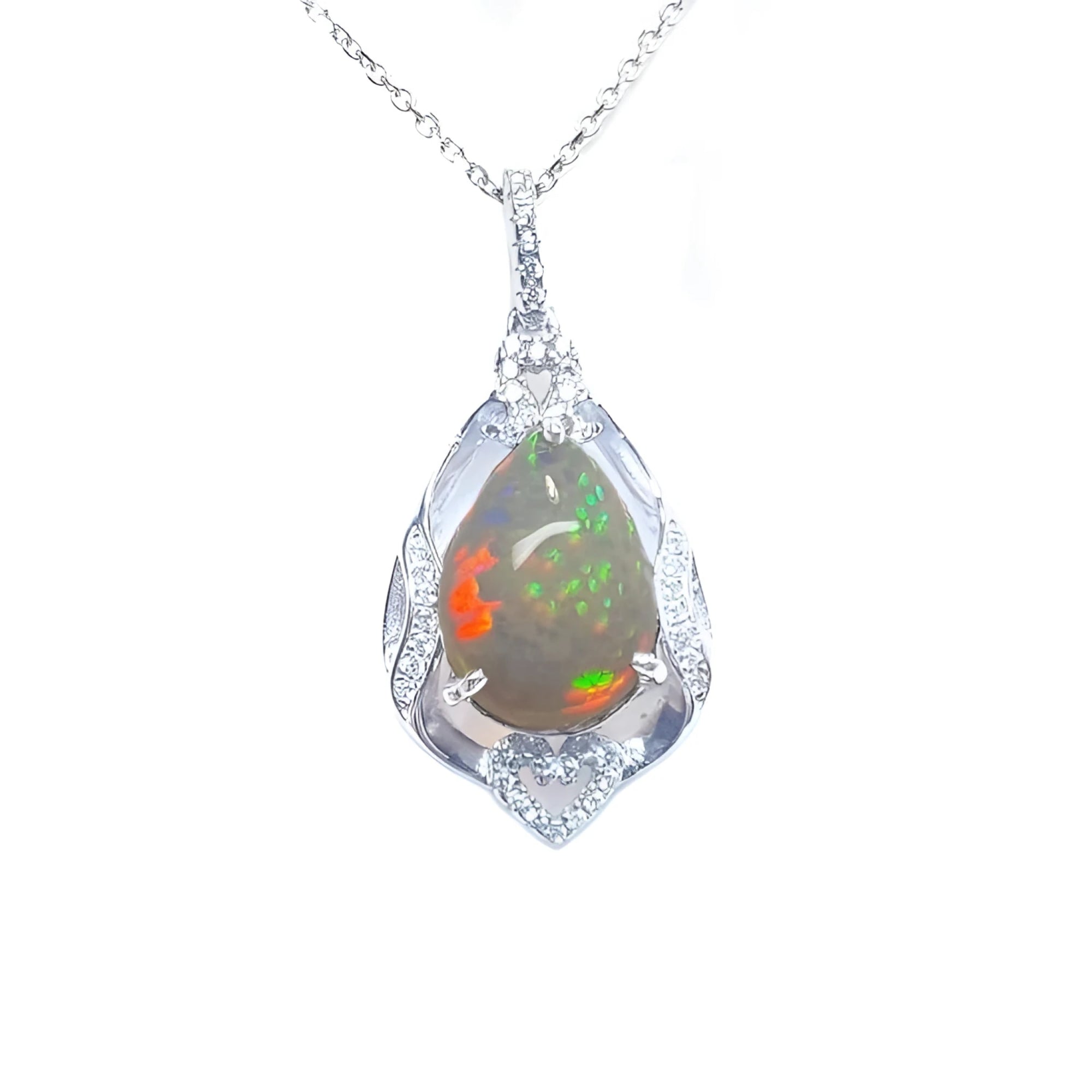 Pear-shaped rainbow Welo Ethiopian opal pendant in 925 sterling silver with cubic zirconia accents.