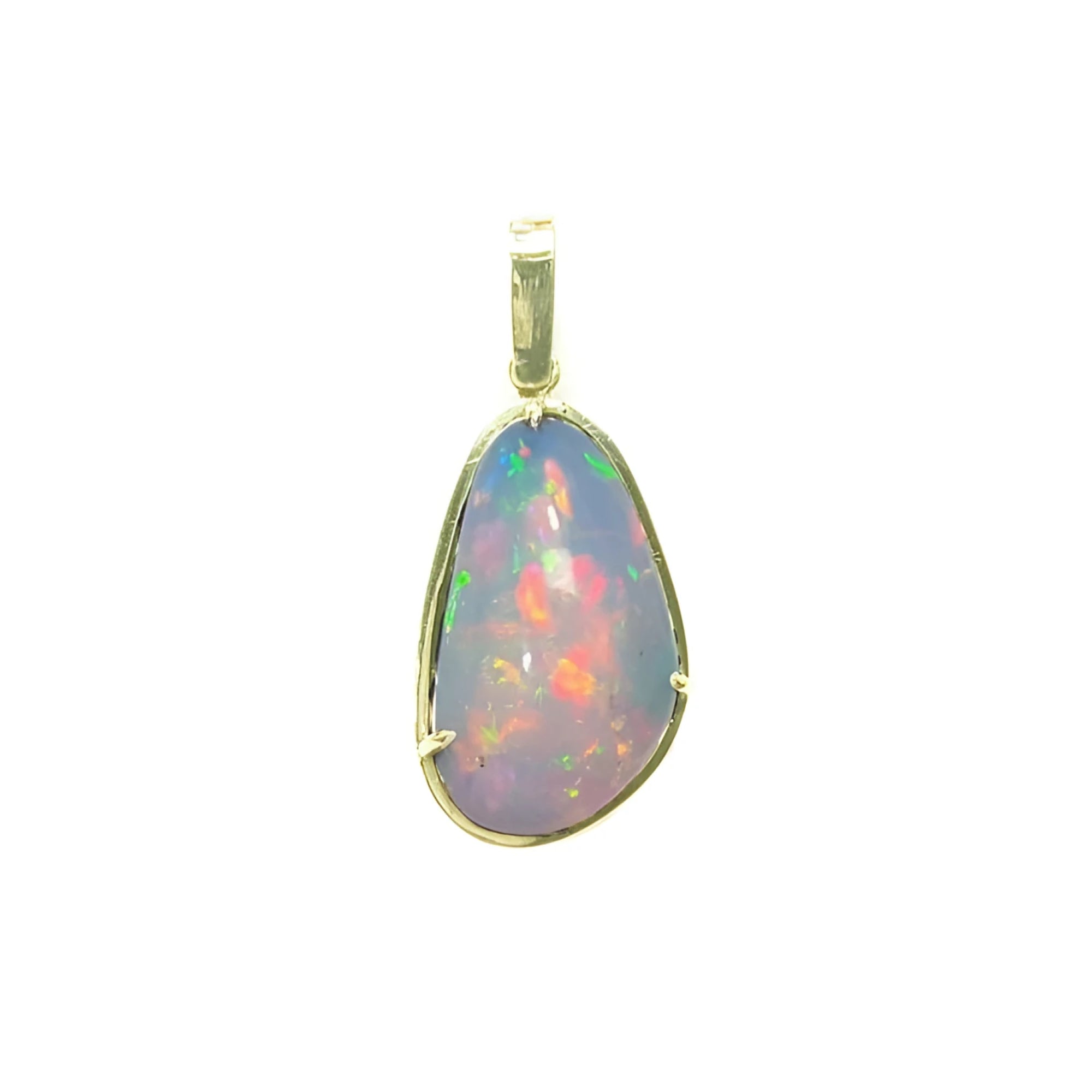 Natural Ethiopian opal pendant with vivid rainbow flashes in 14K yellow gold.