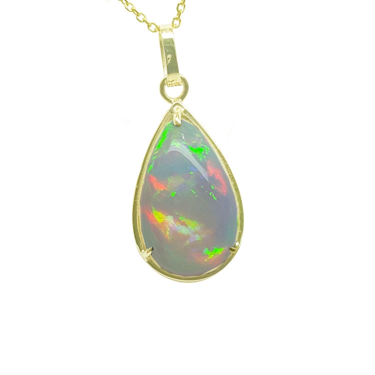 Opal pendant necklace with gold frame on a topside view position.