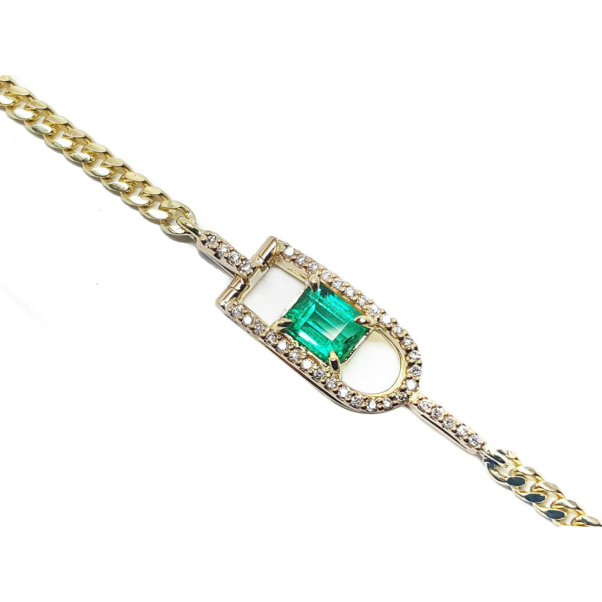 The topside view of a natural Colombian emerald bracelet for women in 14K Yellow Gold.