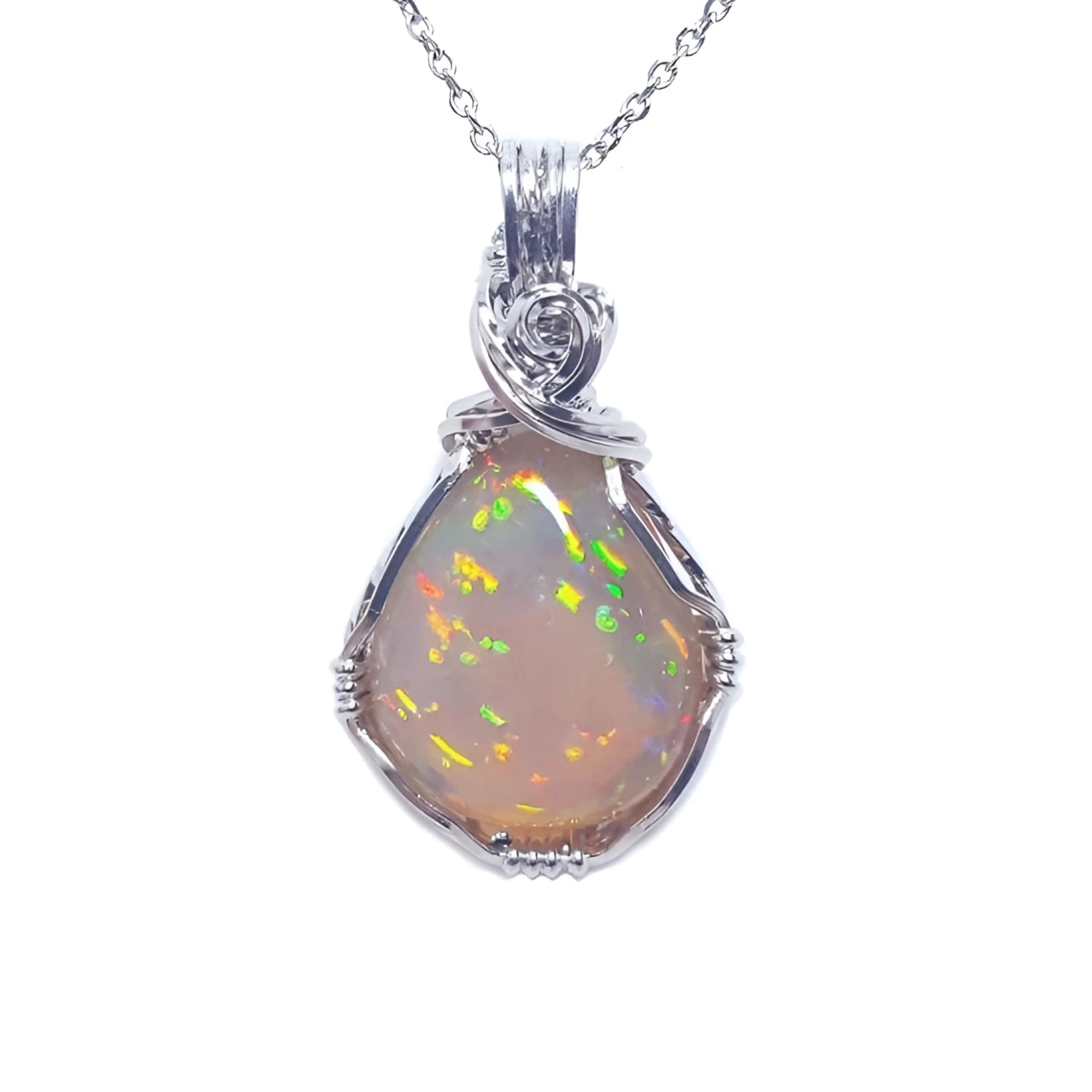 Welo Ethiopian multicolor opal pendant, teardrop shape, with silver wire wrap setting and chain.