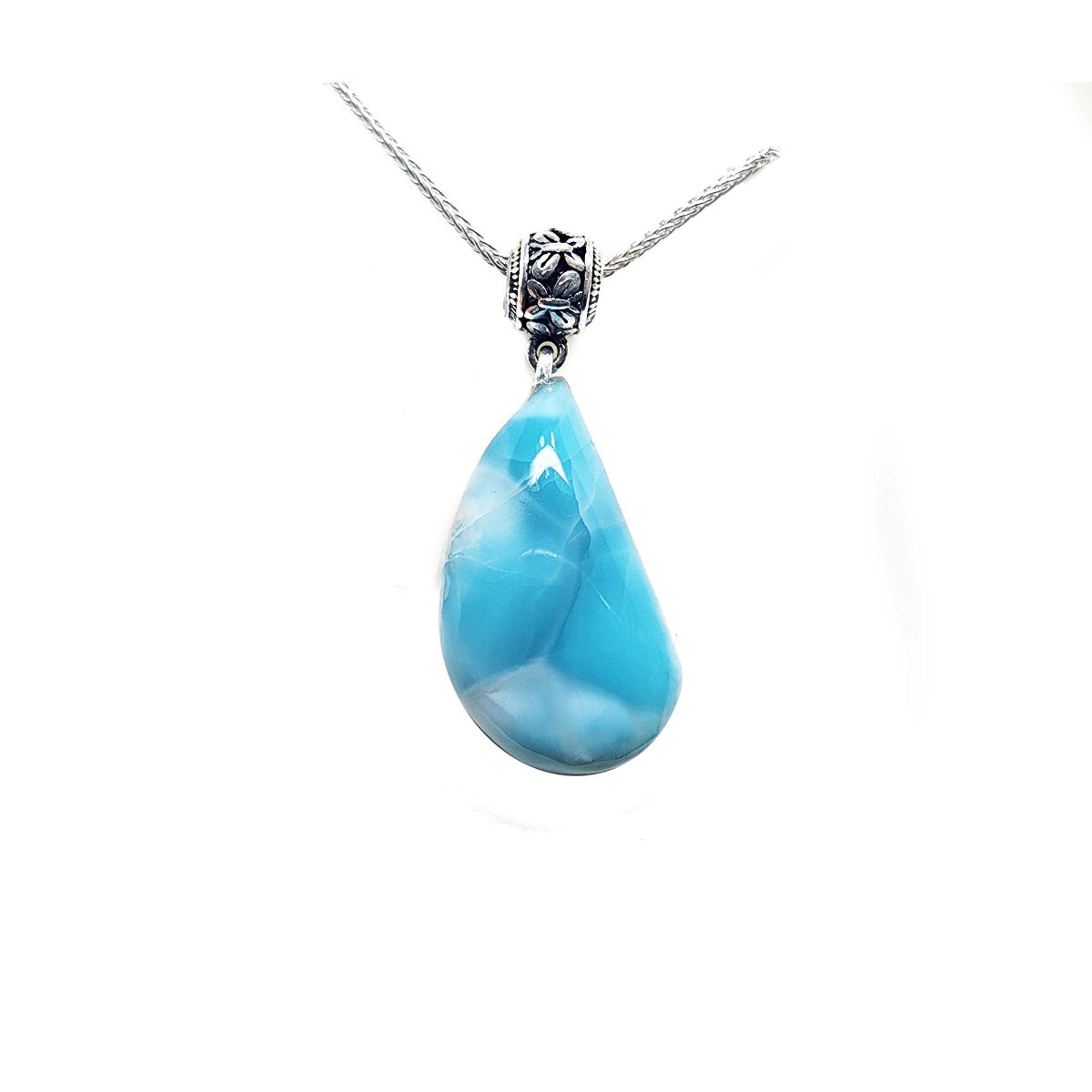 Teardrop-shaped blue larimar pendant on a silver chain topside view position.